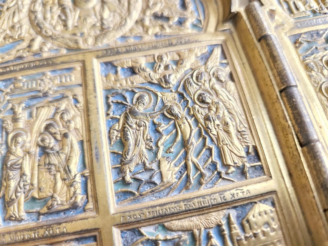 19th century RUSSIAN ORTHODOX BRONZE ENAMEL FOLDING TRAVELER ICON antique - 6