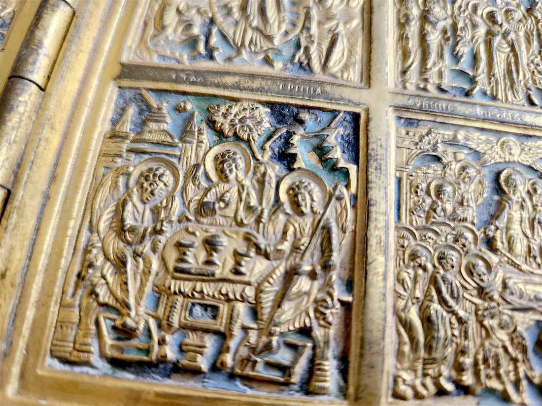19th century RUSSIAN ORTHODOX BRONZE ENAMEL FOLDING TRAVELER ICON antique - 7