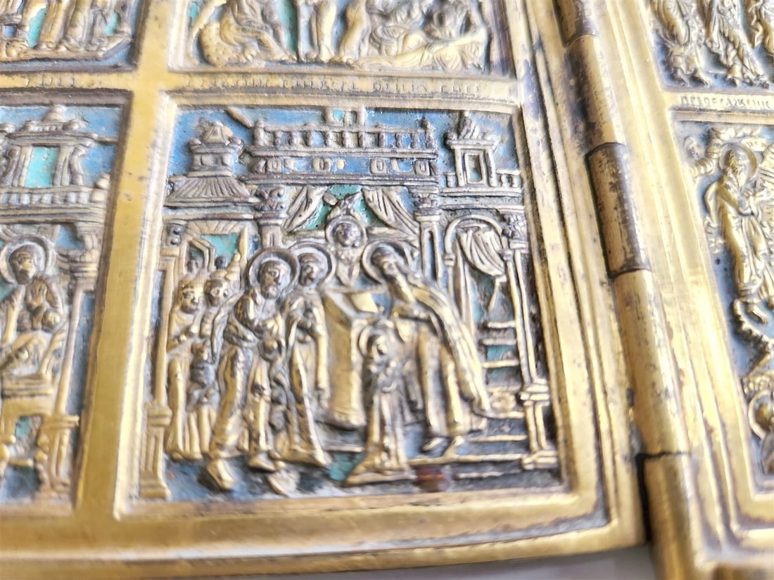 19th century RUSSIAN ORTHODOX BRONZE ENAMEL FOLDING TRAVELER ICON antique - 8