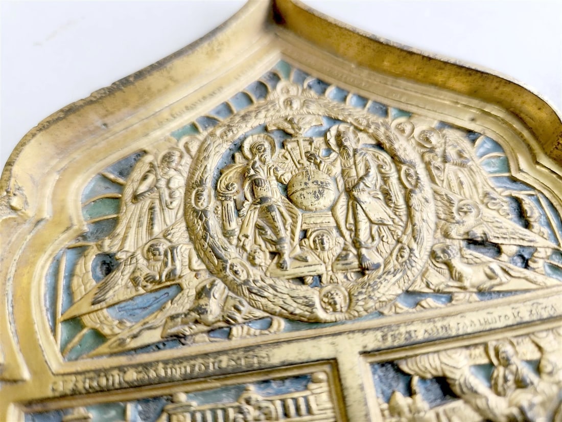 19th century RUSSIAN ORTHODOX BRONZE ENAMEL FOLDING TRAVELER ICON antique - 9