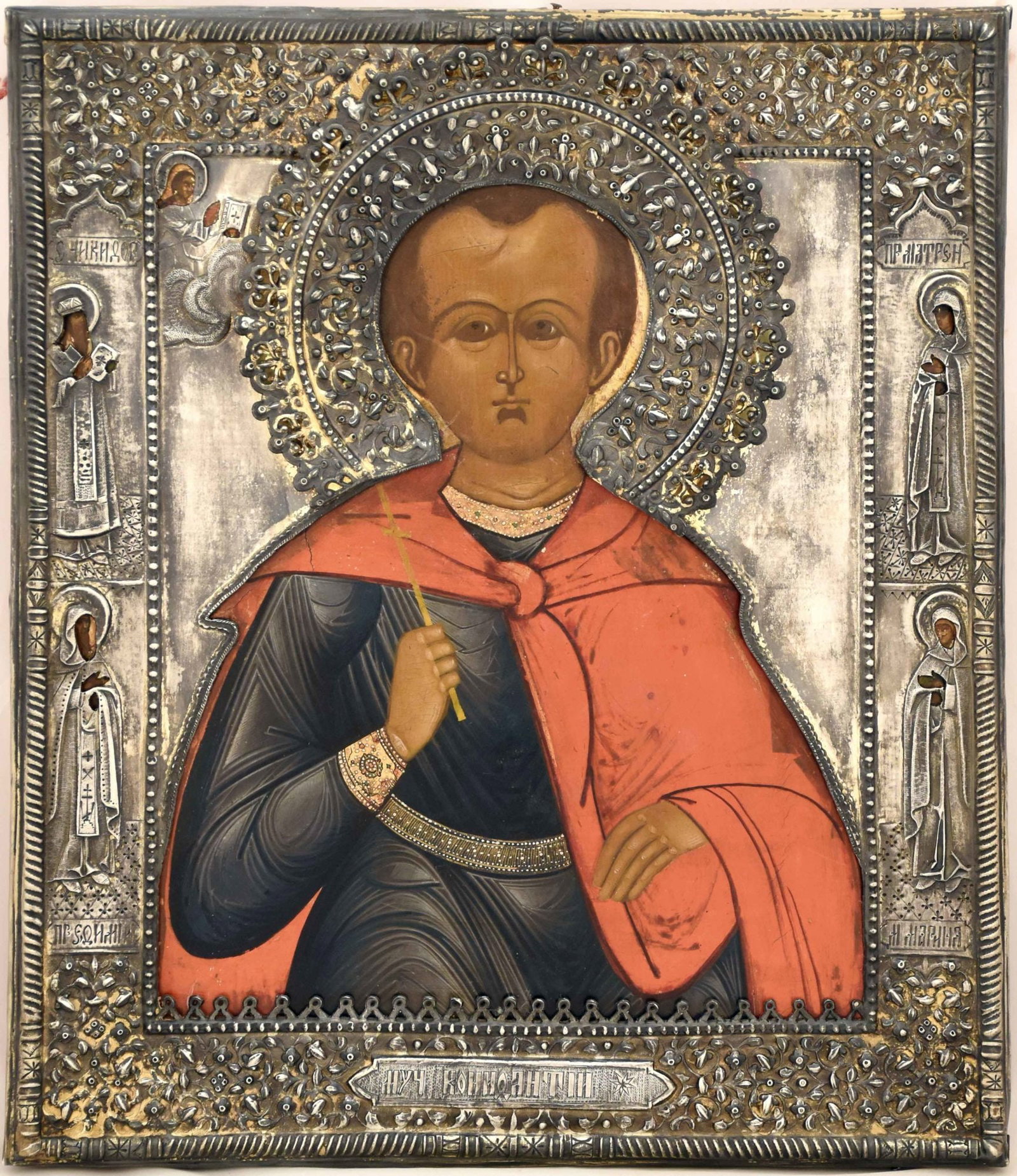 Saint Martyr Boniface of Tarsus: Details: Dimensions 26.5 × 31 cm Century 19 Additional Information: Saint Martyr Boniface of Tarsus. Rare Russian wooden icon in silver Oklad. Silver, marked with hallmark, 84 standard and