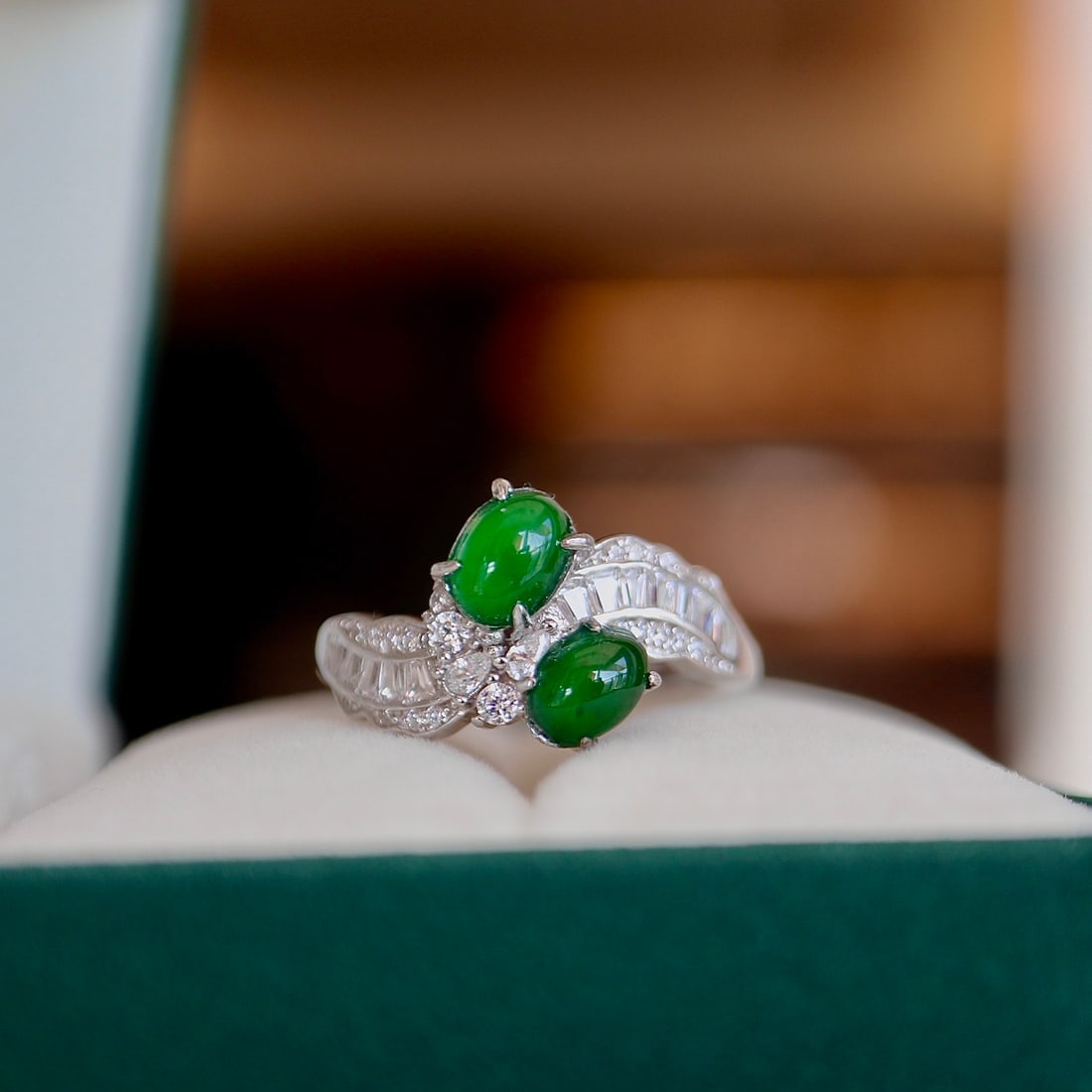 S925 Sterling Silver Natural Jadeite Ring: This ring features natural jadeite as its main stone, showcasing a rich gold and cool white hue, with each bead approximately 6mm in diameter. Each jadeite bead is large in diameter, minimally flawed,