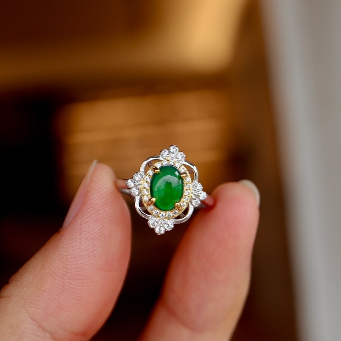 S925 Sterling Silver Natural Jadeite Ring - 7