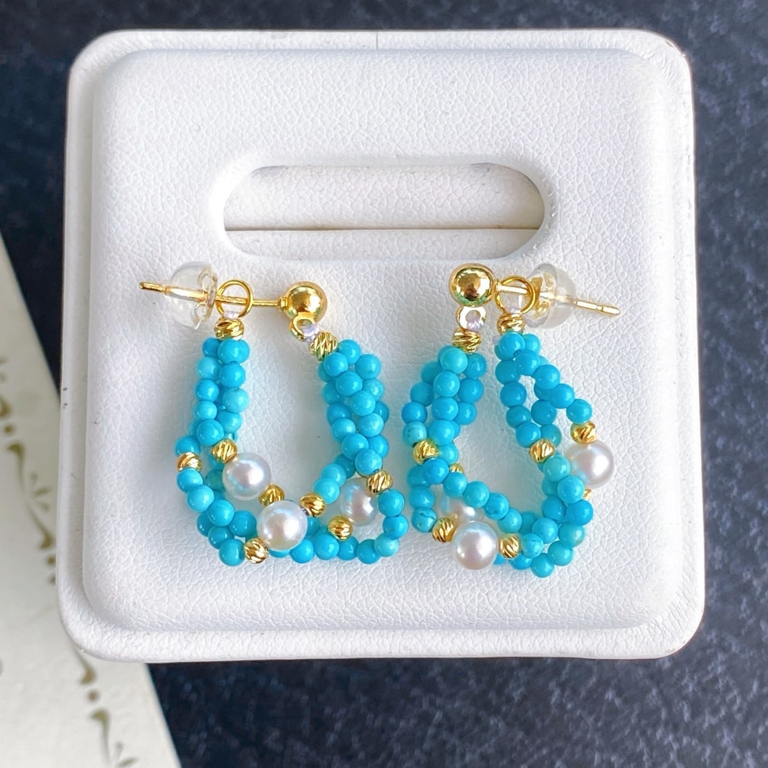 Vintage Multi-layer Turquoise Earrings: These earrings feature a vintage design with 3-4mm natural freshwater Akoya pearls, showcasing an almost perfect round shape with minimal blemishes, exuding unparalleled beauty. Reserve: $150.00 Shipp