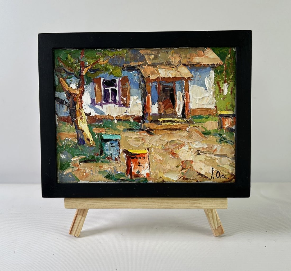 Oil painting Apiary in the yard Oksana Kalenyuk: Title: Oil painting Apiary in the yard Oksana Kalenyuk Description: NoAAA5234The oil painting on Canvas titled "Apiary in the Yard" vividly captures a slice of rural life steeped in warmth, simplicity