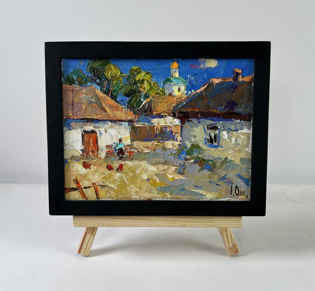 Oil painting Warmth in the yard Oksana Kalenyuk: Title: Oil painting Warmth in the yard Oksana Kalenyuk Description: NoAAA5252The oil painting on Canvas titled "Warmth in the Yard" exudes a profound sense of comfort and nostalgia, transporting the v