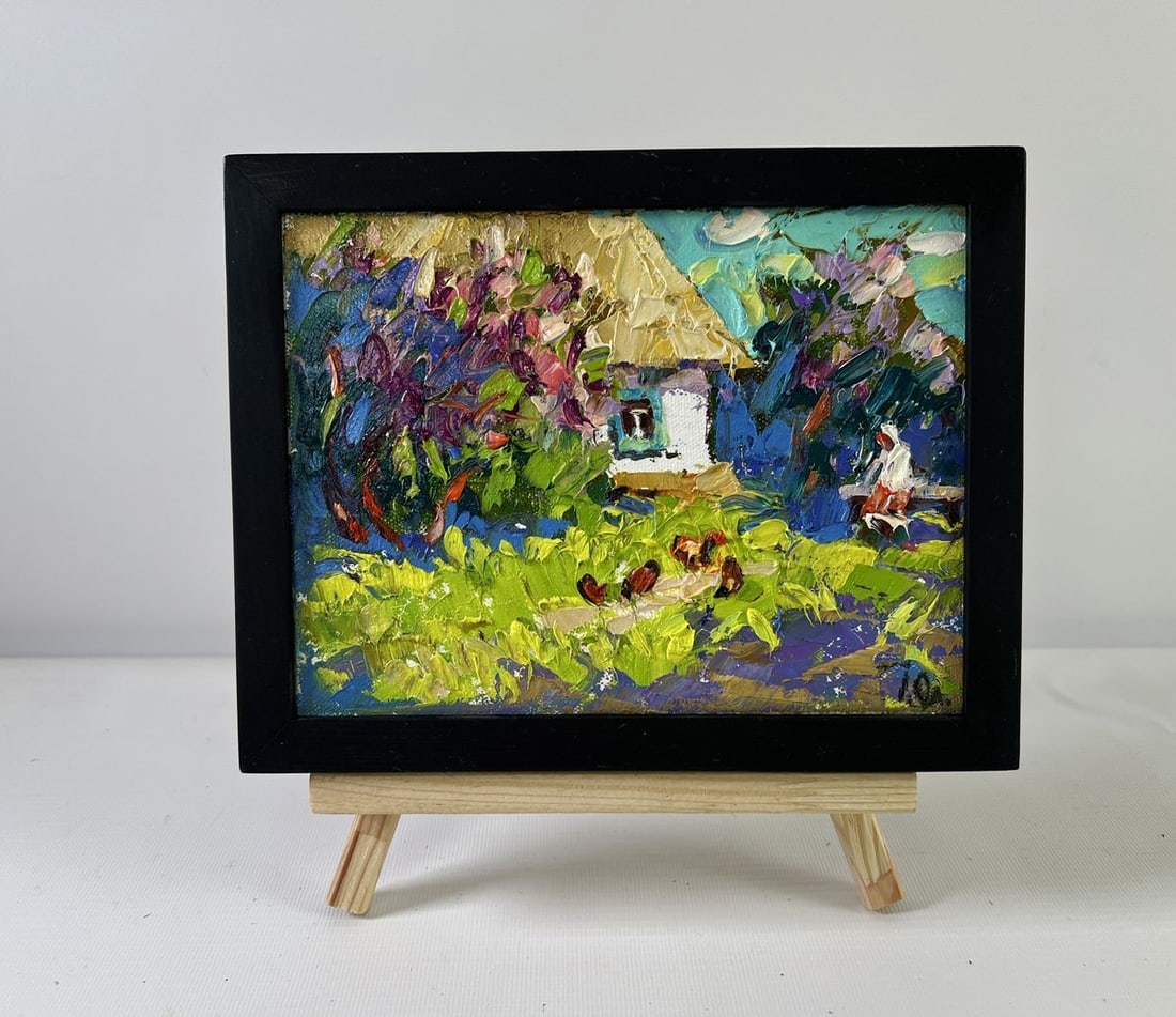 Oil painting When gardens bloom Alex Kalenyuk: Title: Oil painting When gardens bloom Alex Kalenyuk Description: NoAAA5285The oil painting on Canvas titled "When Gardens Bloom" captures a tender and sun-drenched moment nestled in a rural idyll, wh