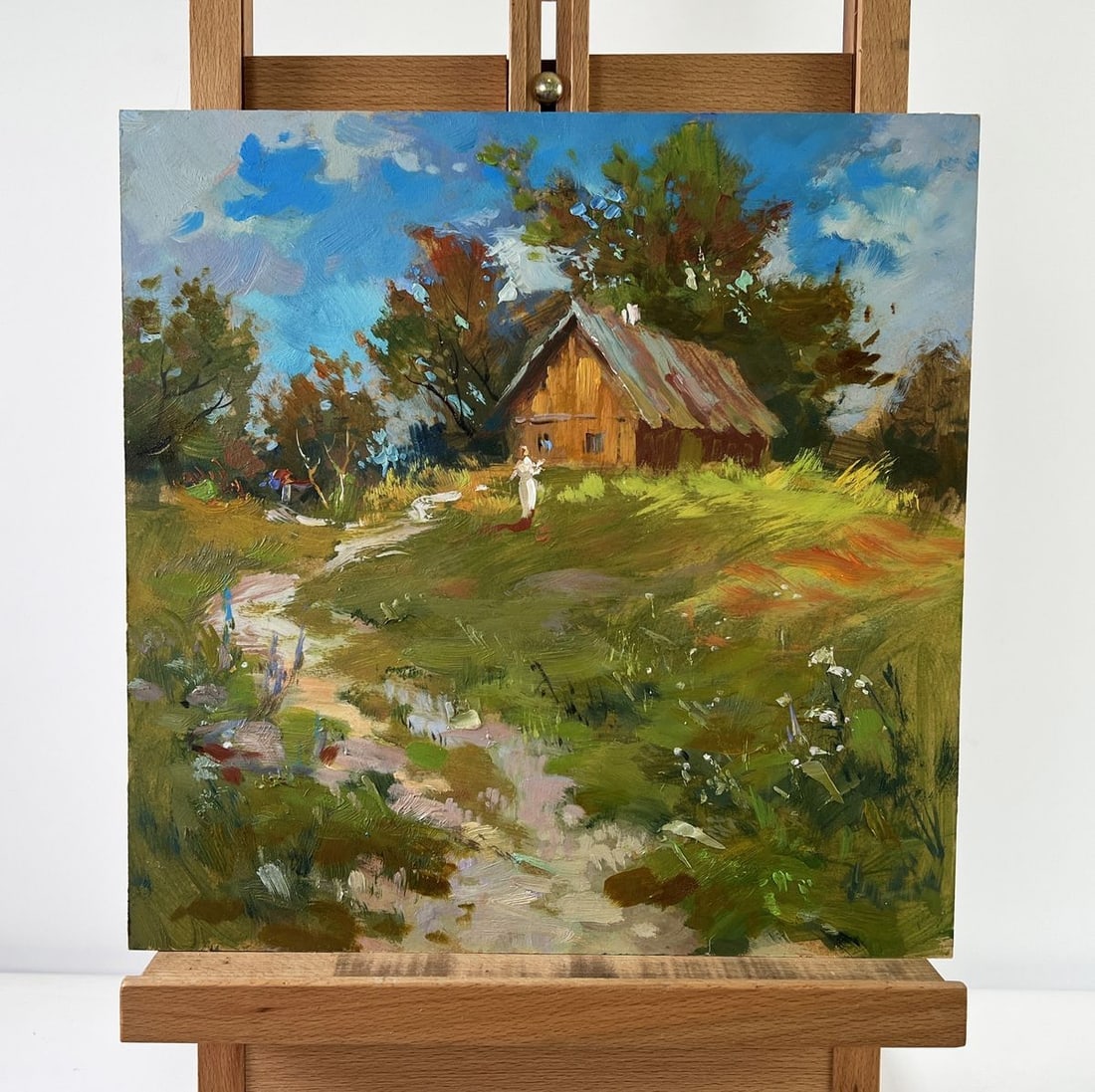 Oil painting House on the hill Yuriy Suprunchuk: Title: Oil painting House on the hill Yuriy Suprunchuk Description: NoAAA5289The oil painting on Cardboard titled "House on the Hill" captures a scene of quiet beauty and rural simplicity, transportin