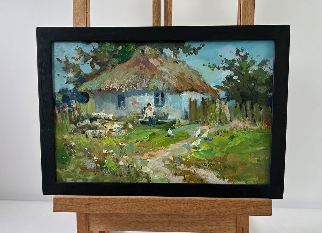 Oil painting Thoughts on the bench Yuriy Suprunchuk: Title: Oil painting Thoughts on the bench Yuriy Suprunchuk Description: NoAAA5291The oil painting on Cardboard titled "Thoughts on the Bench" gently invites the viewer into a quiet, pastoral world whe