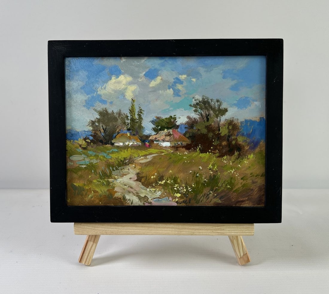 Oil painting Village on a hill Yuriy Suprunchuk: Title: Oil painting Village on a hill Yuriy Suprunchuk Description: NoAAA5301The oil painting on Cardboard titled "Village on a Hill" portrays a quiet rural scene imbued with the warmth of sun and the