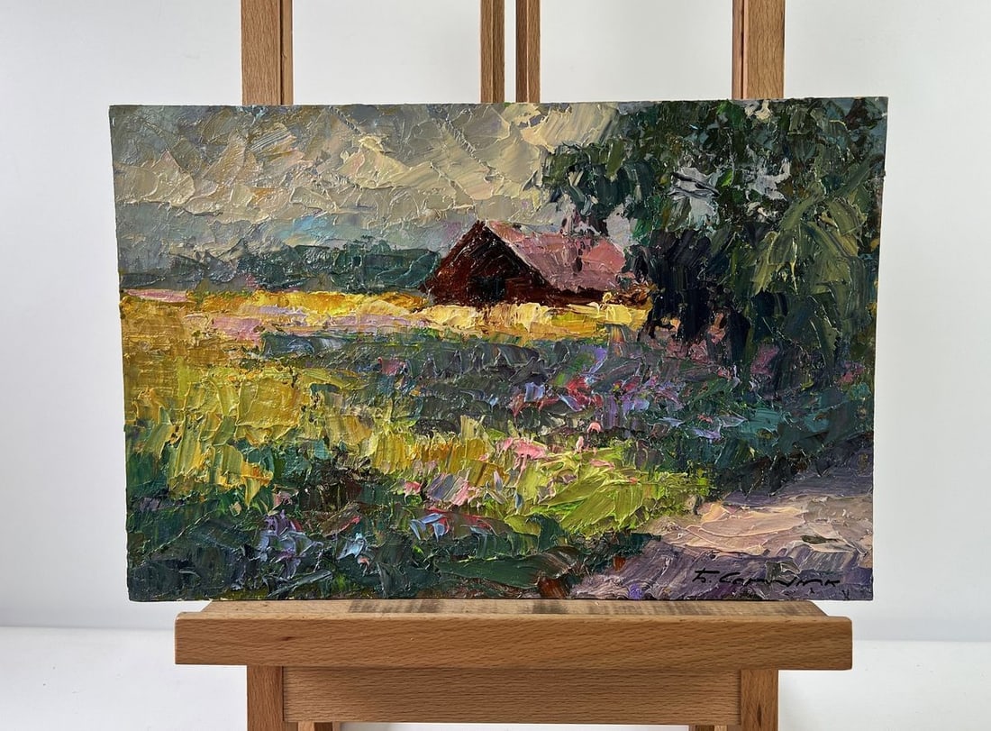 Oil painting Warmth in the air Boris Serdyuk: Title: Oil painting Warmth in the air Boris Serdyuk Description: NoAAA5314The oil painting on Cardboard titled "Warmth in the Air" radiates an enveloping glow that captures the serene harmony between 
