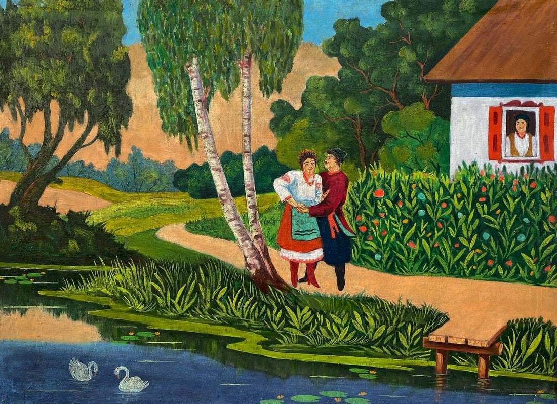 Oil painting Courtship by the pond Unknown artist (1 of 7)