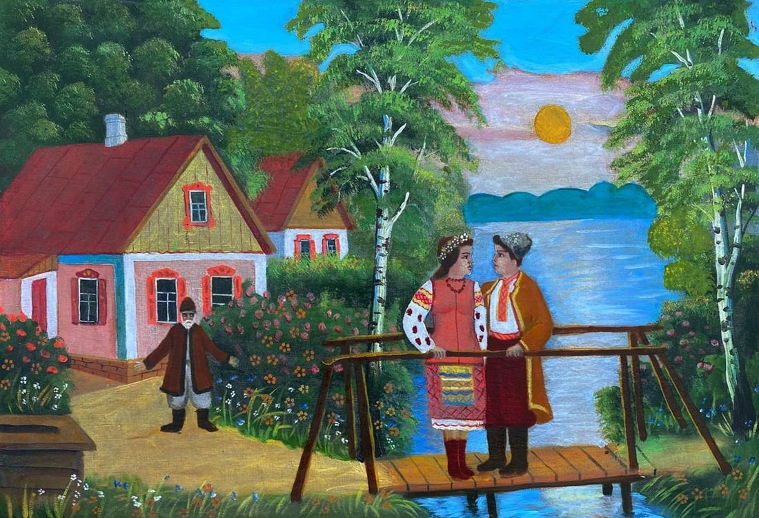 Oil painting Young couple on the bridge Unknown artist (1 of 6)