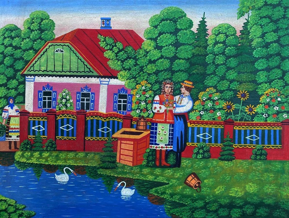 Oil painting A couple in love near the river Unknown artist (1 of 5)