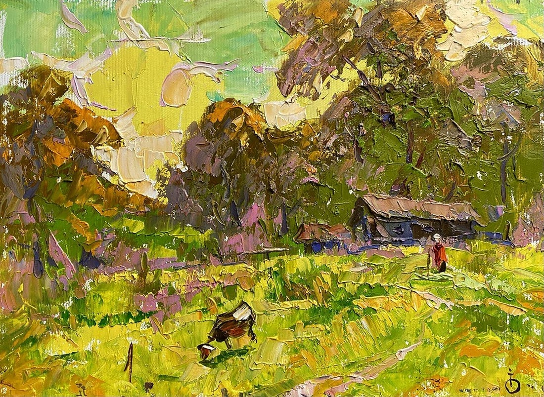 Oil painting On the pasture Alex Kalenyuk: Title: Oil painting On the pasture Alex Kalenyuk Description: NoKalen 1304This vibrant oil painting captures the essence of a serene pastoral scene, bathed in the glow of what seems to be late afterno
