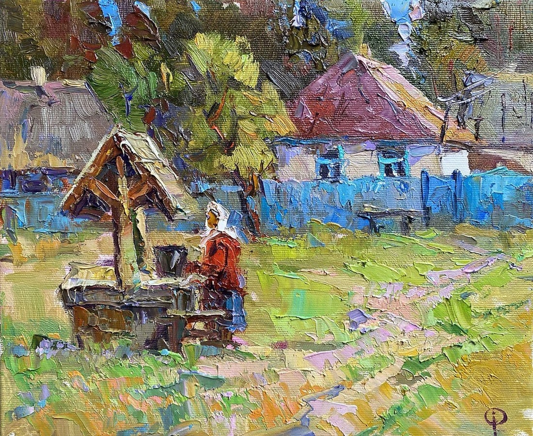 Oil painting Near the well Oksana Kalenyuk: Title: Oil painting Near the well Oksana Kalenyuk Description: NoKalen 1311"Near the Well" is an enchanting oil painting that captures a tranquil moment in a rustic village setting. The artist employs
