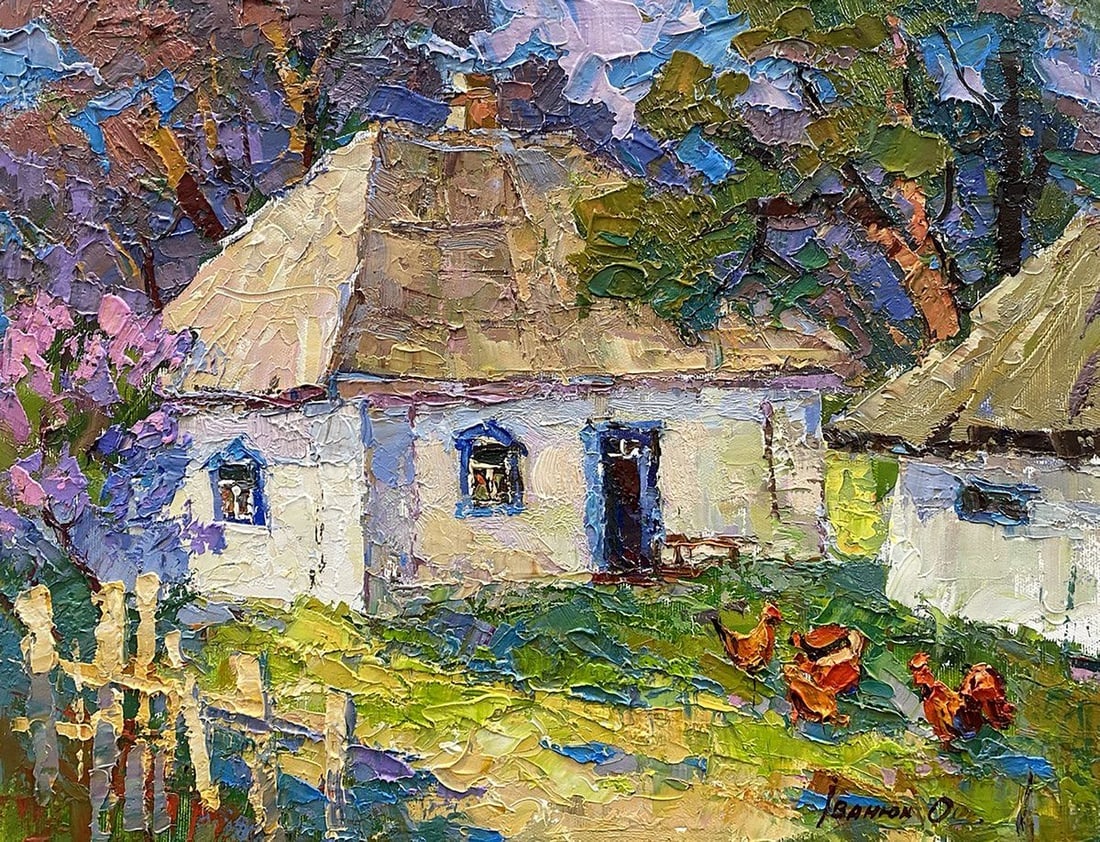 Oil painting There are chickens in the yard Alex Kalenyuk: Title: Oil painting There are chickens in the yard Alex Kalenyuk Description: NoKalen 1391"There are Chickens in the Yard" is a vibrant and richly textured painting that captures the peaceful charm an