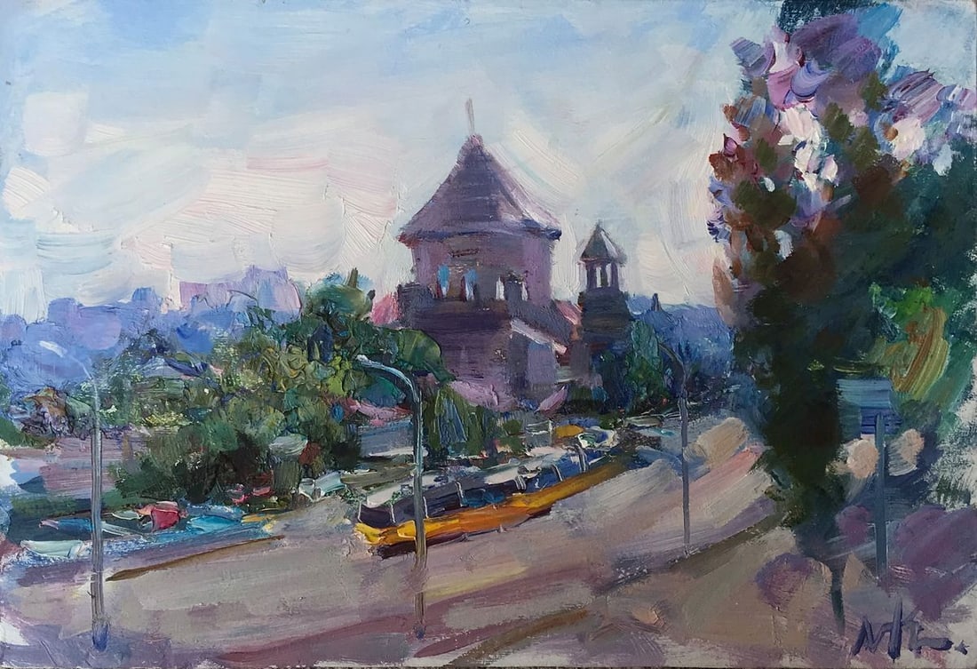 Oil painting View from the station Kuzeminsky Nikolay Borisovich: Title: Oil painting View from the station Kuzeminsky Nikolay Borisovich Description: NoAAA2061 Looking at this oil painting, it's almost as if you can hear the hustle and bustle of the busy road and c