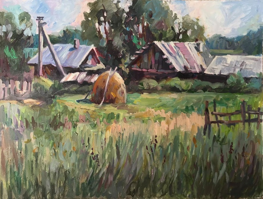Oil painting Village landscape Unknown artist: Title: Oil painting Village landscape Unknown artist Description: NoAAA2091 This beautiful oil painting is titled "Village Landscape." The idyllic scene depicts a rural village with houses nestled amo