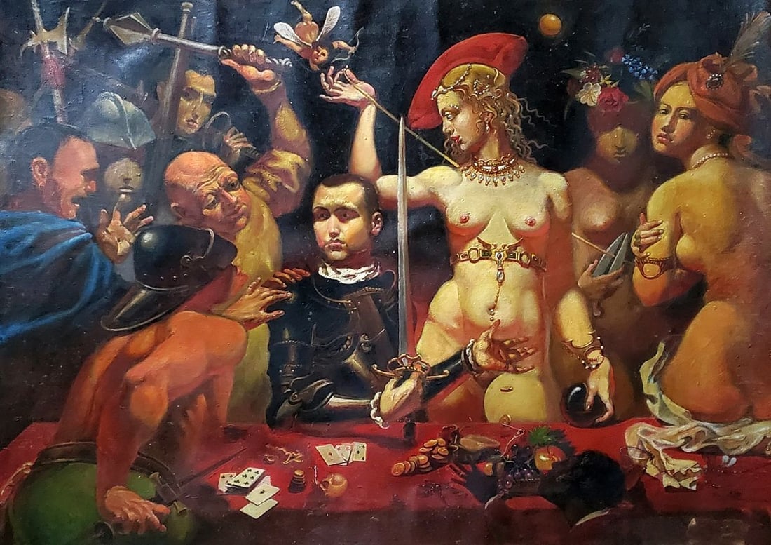 Oil painting A duel at the card table Daniil Litvinov: Title: Oil painting A duel at the card table Daniil Litvinov Description: Litv 1267*** ABOUT THIS PAINTING **** TITLE: "A duel at the card table"* ARTISTS: Daniil Litvinov* SIZE: 78x58 cm/'30.70x22.83