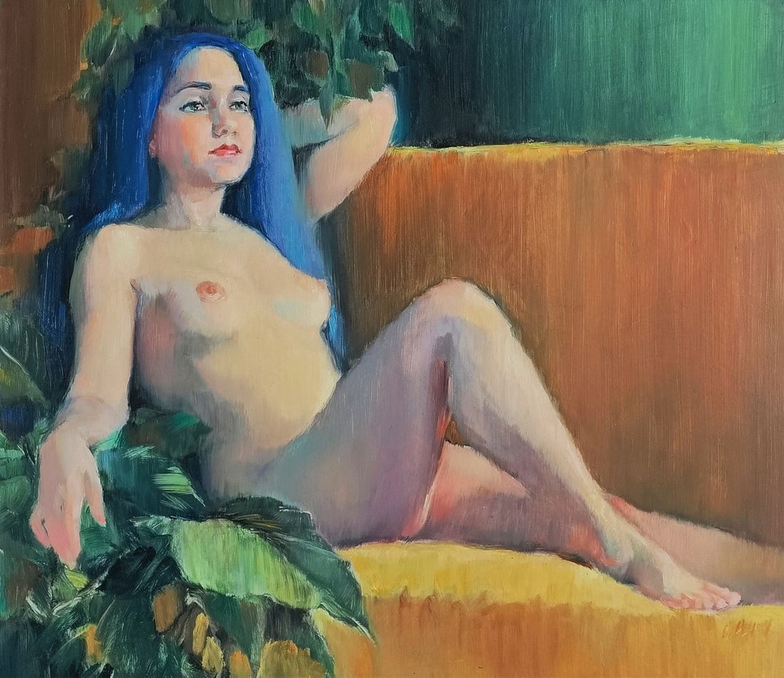 Oil painting Portrait of a girl with blue hair Oksana Osnach: Title: Oil painting Portrait of a girl with blue hair Oksana Osnach Description: Procach 145The Oil painting Hardboard titled "Portrait of a girl with blue hair" captures a striking vision of modern f