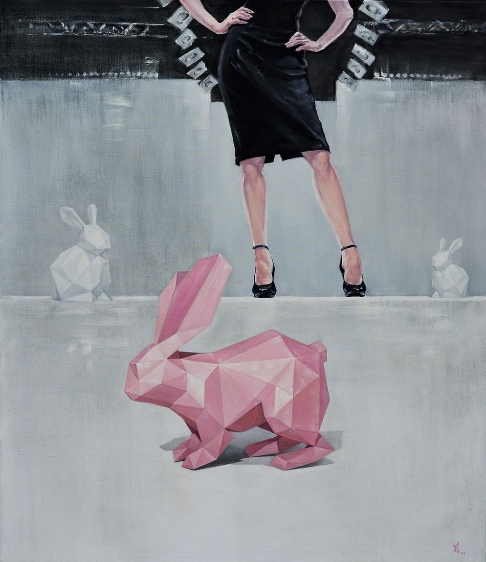 Oil painting Pink paper rabbit Oleg Kateryniuk: Title: Oil painting Pink paper rabbit Oleg Kateryniuk Description: Kat 59The Oil painting Canvas titled "Pink paper rabbit" is a strikingly modern and symbolic composition that fuses elements of surre
