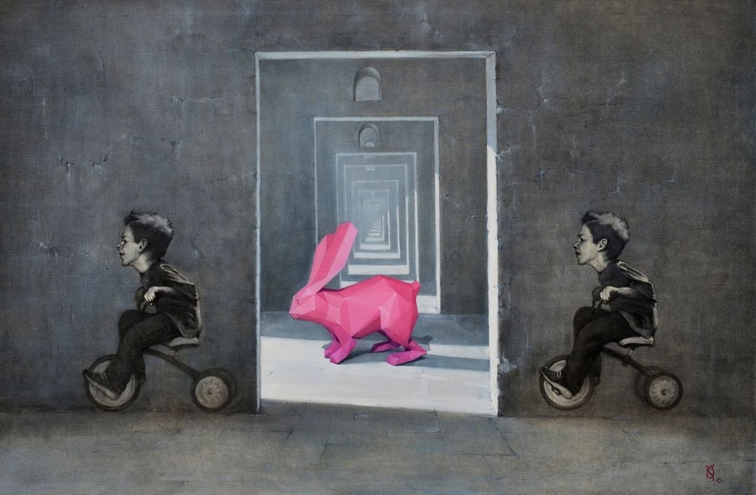 Oil painting Rabbit in the maze Oleg Kateryniuk: Title: Oil painting Rabbit in the maze Oleg Kateryniuk Description: Kat 60The Oil painting Canvas titled "Rabbit in the maze" is a work that masterfully combines surrealism, symbolism, and social comm