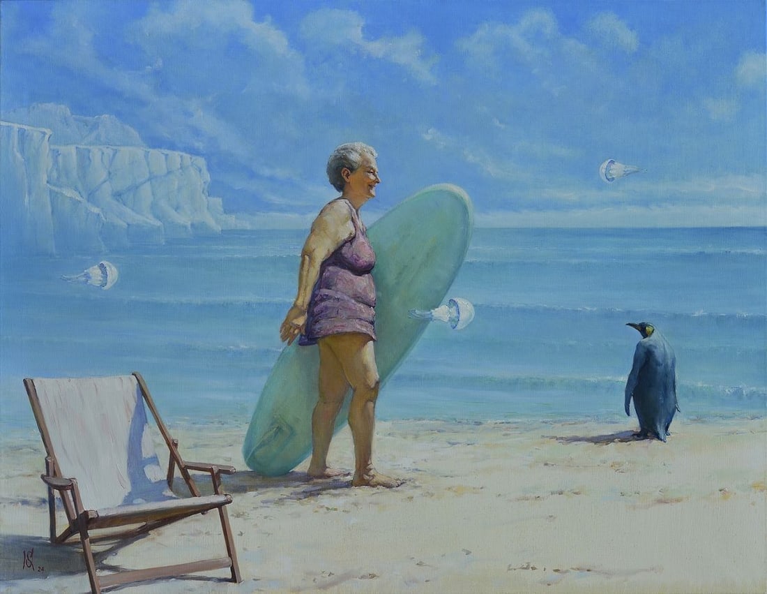 Oil painting Cold seashore Oleg Kateryniuk: Title: Oil painting Cold seashore Oleg Kateryniuk Description: Kat 61The Oil painting Canvas titled "Cold seashore" is a whimsical yet contemplative work that intertwines humor, irony, and subtle refl