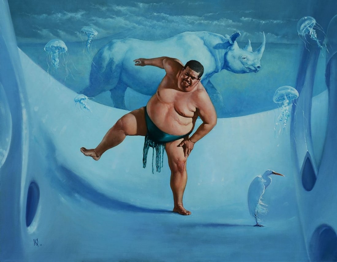 Oil painting White rhinoceros Oleg Kateryniuk: Title: Oil painting White rhinoceros Oleg Kateryniuk Description: Kat 65The Oil painting Canvas titled "White rhinoceros" invites the viewer into a surreal and dreamlike tableau where strength, fragil