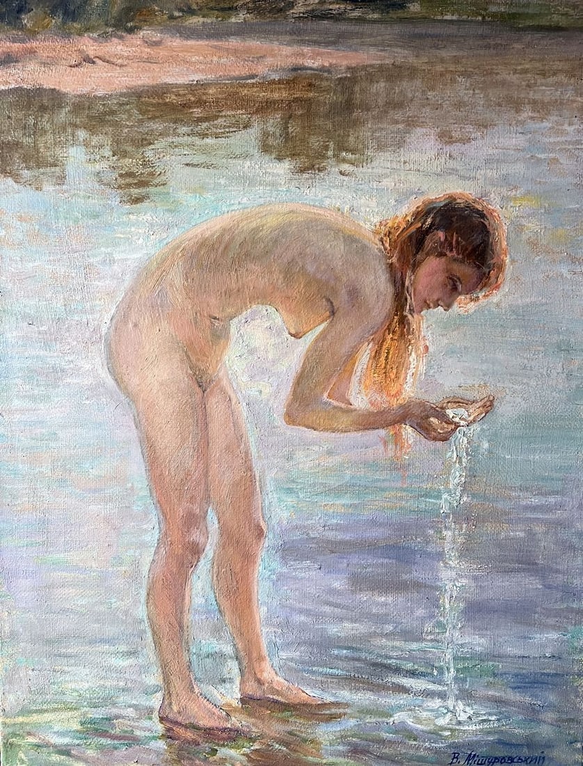 Oil painting Bathing in the sun V. Mishurovsky: Title: Oil painting Bathing in the sun V. Mishurovsky Description: 131"Bathing in the Sun" by Viktor Myshurovsky portrays a young woman gracefully interacting with water on a sunlit riverbank. The fig