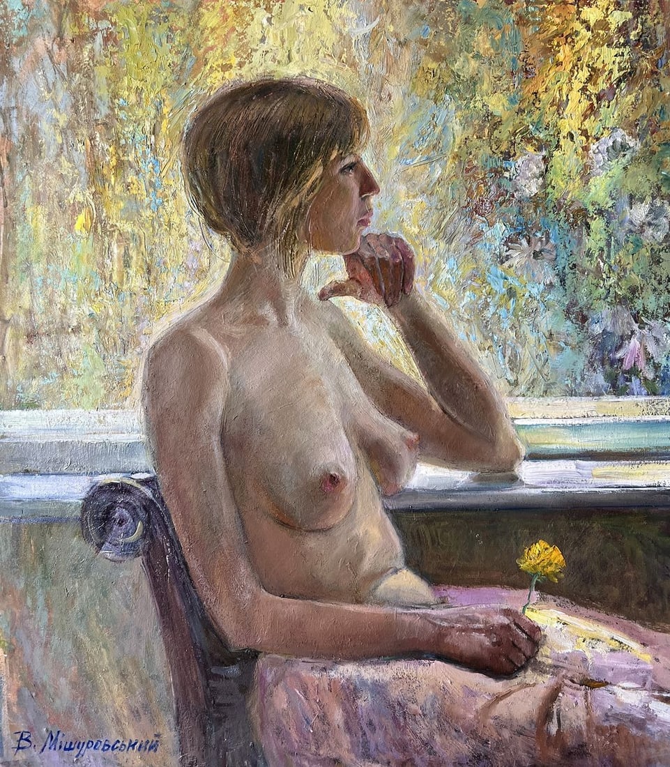 Oil painting Naked autumn V. Mishurovsky: Title: Oil painting Naked autumn V. Mishurovsky Description: 175"Naked Autumn" by Viktor Myshurovsky is a serene and evocative portrayal of a woman seated by a window, immersed in the beauty of the au