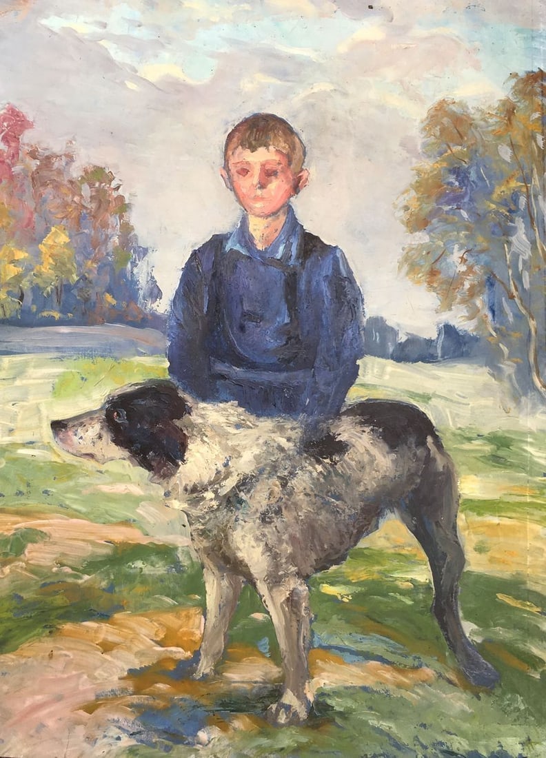 Oil painting Boy with dog Cherkas A.G.: Title: Oil painting Boy with dog Cherkas A.G. Description: 460 * TITLE: "Boy with dog" * ARTISTS: Cherkas A.G. * SIZE: 63x47cm/'24.80x18.50 inches' * MEDIUM: oil, paper, cardboard * HAND PAINTED: Orig