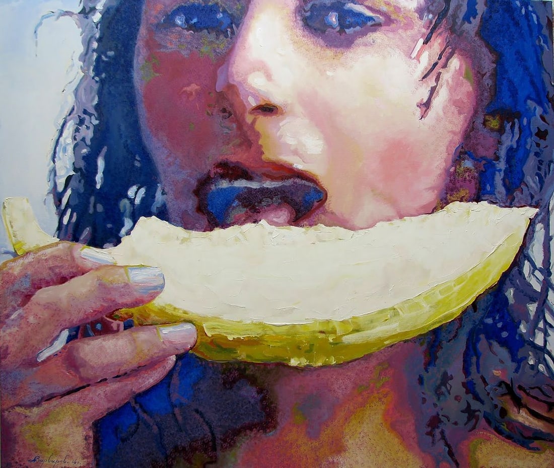 Abstract oil painting Melon Varvarov Anatoly Viktorovich: Title: Abstract oil painting Melon Varvarov Anatoly Viktorovich Description: Varv 132 Looking at this oil painting, you can almost taste the sweet and juicy melon that the woman is eating. The closeup
