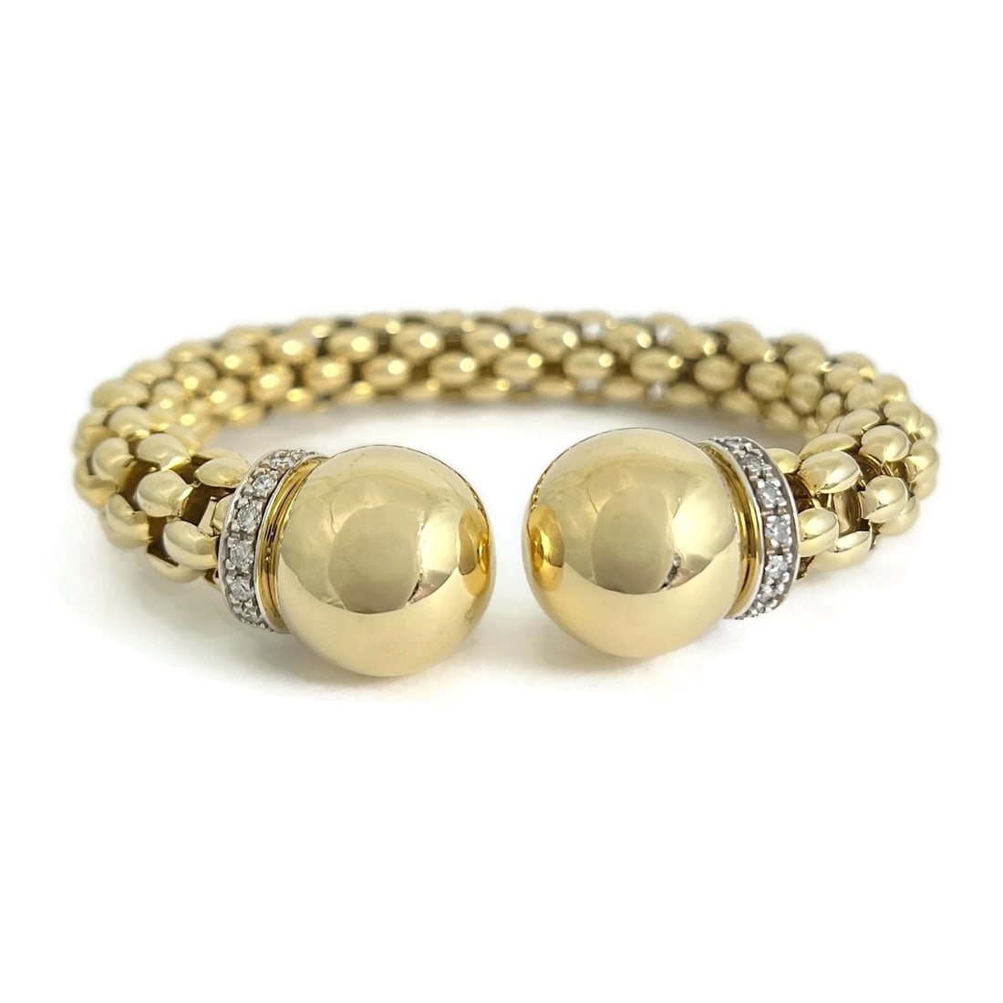 Diamond Gold Ball Cuff Flex Bangle Bracelet 18K Yellow Gold, 43.12 Grams: Diamond Gold Ball Cuff Flex Bangle Bracelet 18K Yellow Gold, 43.12 Grams This is such a unique bracelet! Please let us know if you have any questions. Diamonds: 30 round brilliant cuts .38 ctw, F-G, S