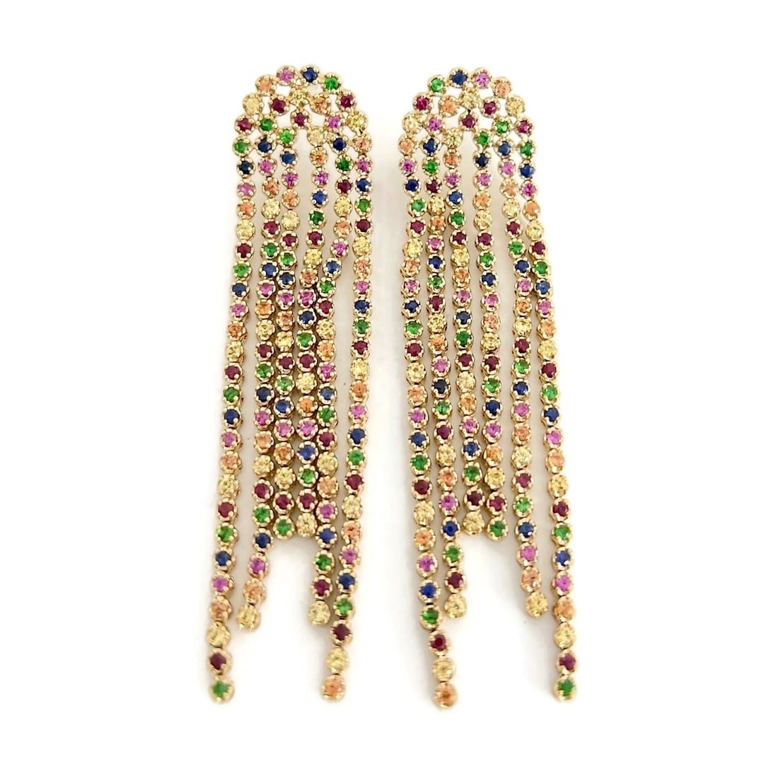Long Multicolored Gemstone Chain Dangle Drop Earrings 14K Yellow Gold, 3.67 CTW: Long Multicolored Gemstone Chain Dangle Drop Earrings 14K Yellow Gold, 3.67 CTW These are such beautiful earrings! Please let us know if you have any questions. Gemstones: 3.67 ctw (192 yellow, orange