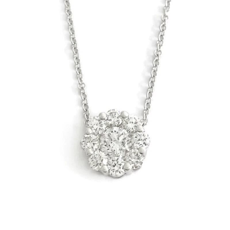 Round Diamond Cluster Halo Pendant Necklace 14K White Gold, .77 CTW: Round Diamond Cluster Halo Pendant Necklace 14K White Gold, .77 CTW Make a statement with this gorgeous diamond necklace. Please let us know if you have any questions. Diamonds: 9 round brilliant cuts