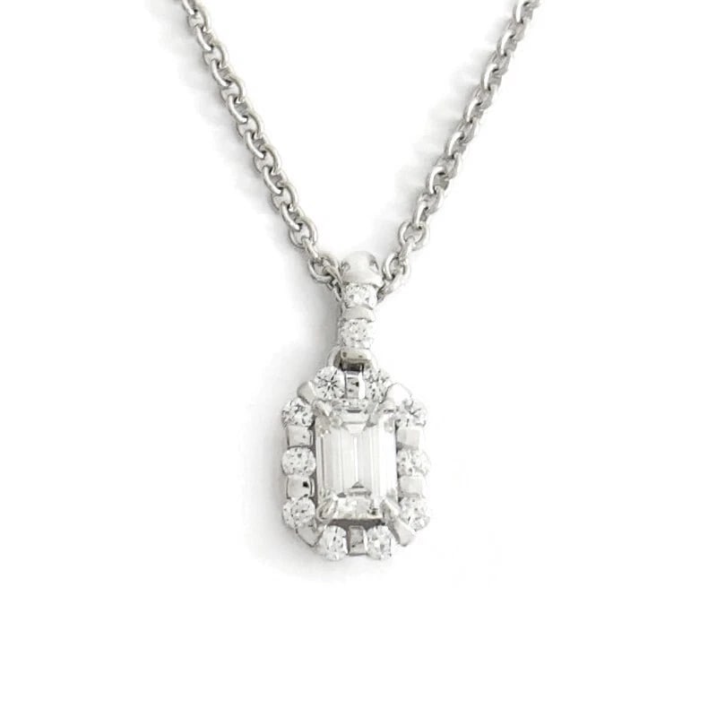 Emerald Cut Diamond Halo Pendant Necklace 14K White Gold, .72 CTW: Emerald Cut Diamond Halo Pendant Necklace 14K White Gold, .72 CTW Make a statement with this gorgeous diamond necklace. Please let us know if you have any questions. Diamonds: .72 ctw; 1 emerald cut .