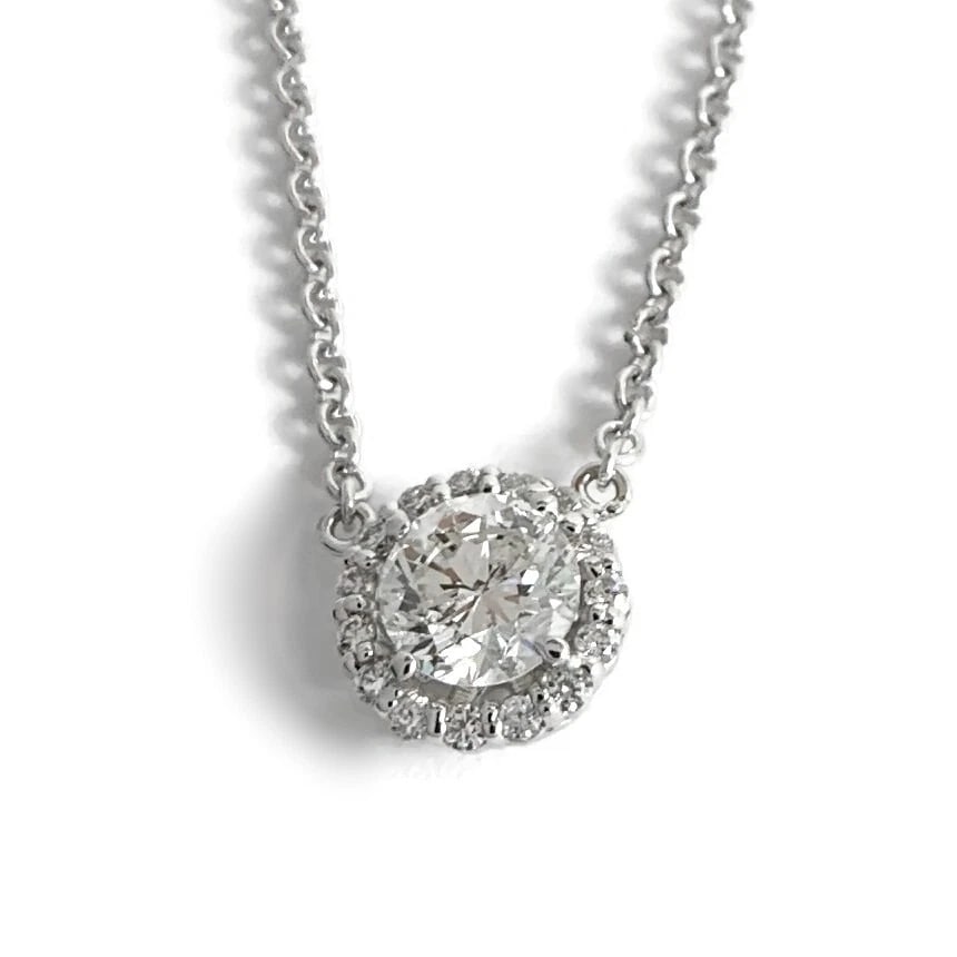 Round Halo Diamond Pendant Necklace 14K White Gold, 16 Inches, .87 CTW, 3.84 Gr (1 of 7)