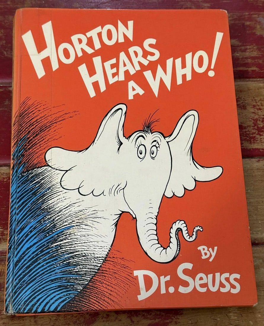 Horton Hears A Who Dr Seuss Book 1st Edition 1954 Hardcover Vintage: The product is a vintage first edition later printing hardcover book titled "Horton Hears A Who" by Dr. Seuss. Published in 1954 by Random House in New York, this children's book features wonderful Dr