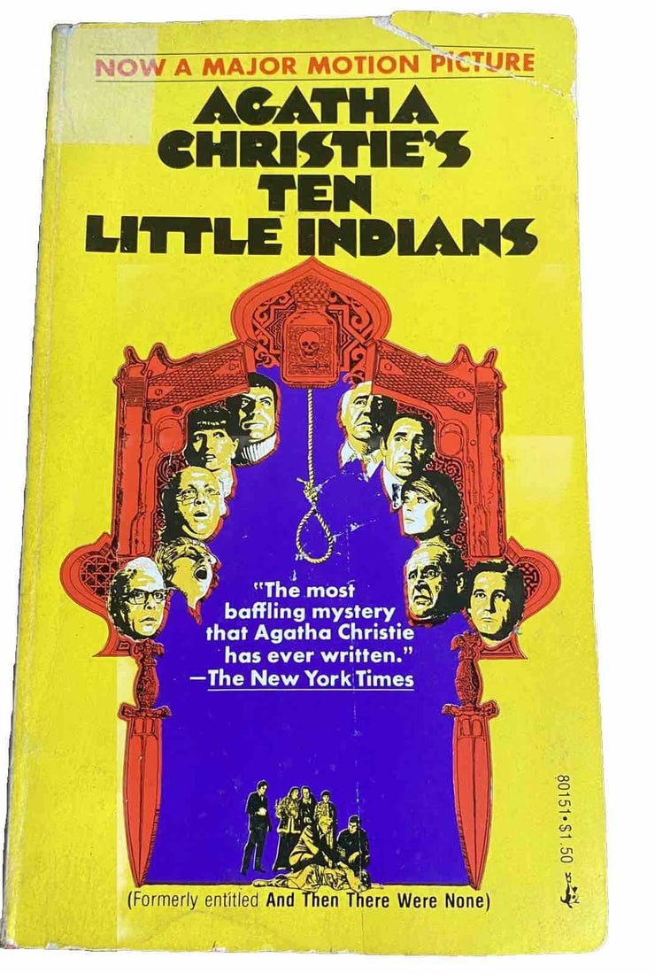 Agatha Christie Ten Little Indias Vintage Paperback 1975 Movie Tie-In: AGATHA CHRISTIE'S TEN LITTLE INDIANS Pocket Books First Edition/46th Printing Oct. 1975 Paperback book Tight binding, no missing loose or torn pages. A few repaired tears to cover. 173 pages. Clean te