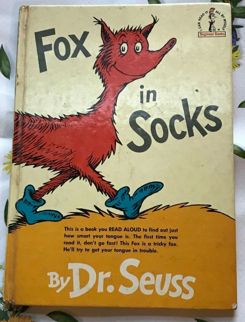 VTG Dr. Seuss Book 1965 Beginner Books Fox in Socks Board Books Large Type 1st: FOX IN SOCKS By Dr. Seuss Published by Beginner Books/Random House, New York, 1965 Glossy Hardcover, no DJ. First Edition. Children's names written on front end paper, no other writing or markings in 