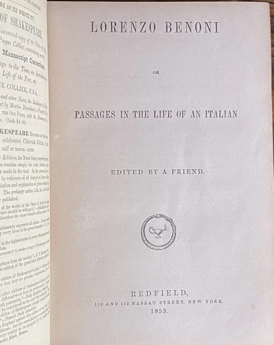 Lorenzo Benoni: Or, Passages in the Life of an Italian-Friend, 1853 Redfield:NY - 3