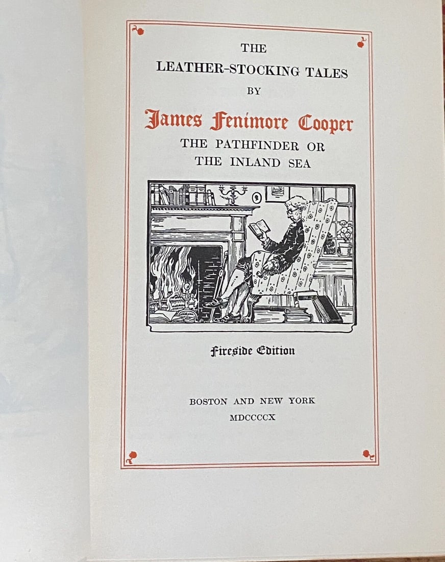 James Fenimore Cooper PATHFINDER 1898 Leather Stocking Tales Fireside Ed. VeryGd: James Fenimore Cooper PATHFINDER 1898 Leather Stocking Tales Fireside Edition, Antique Book. Black and red illustrated title page. Very good condition. 517 pages. Hardcover leather binding with marble