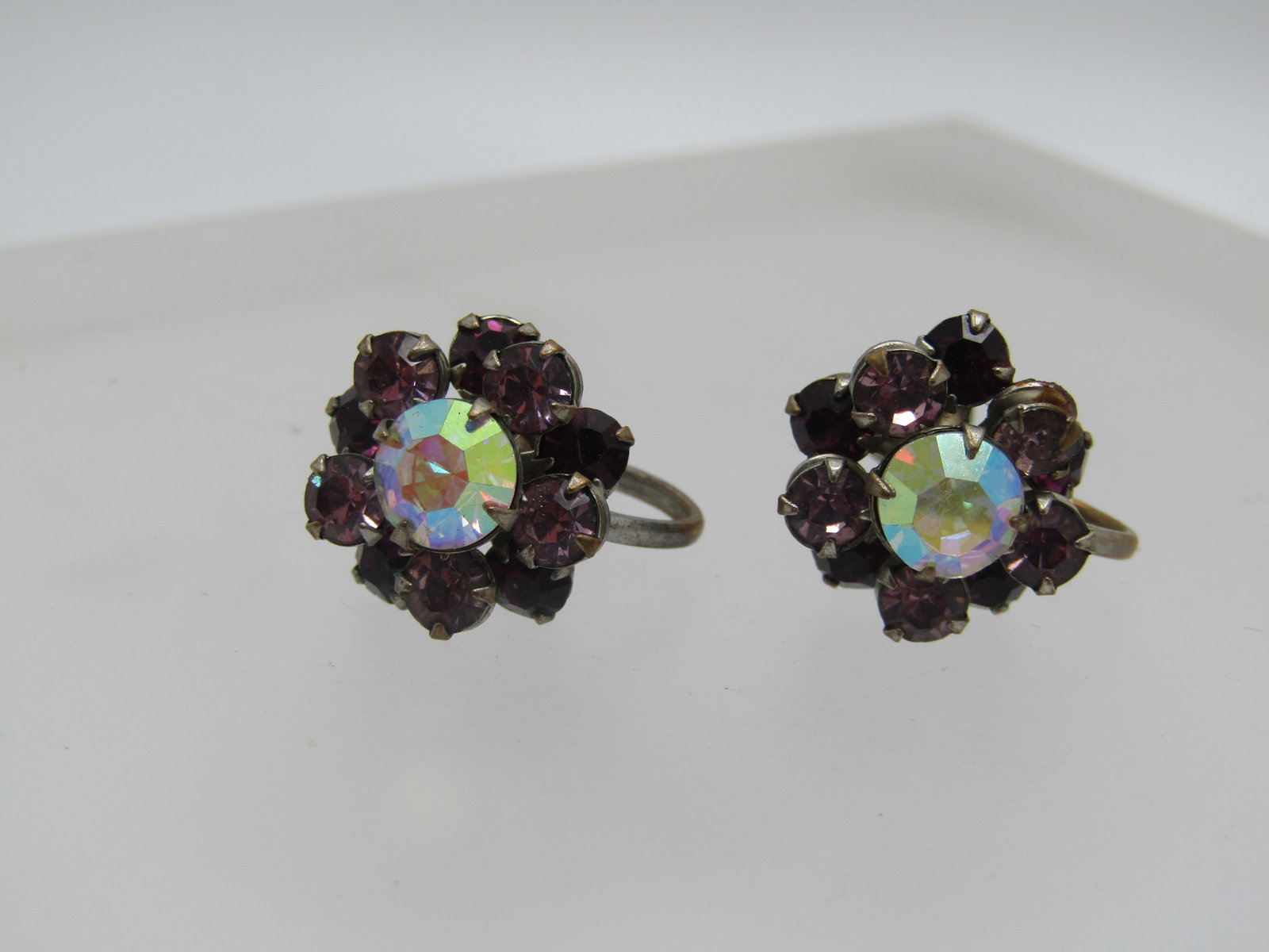 Vintage Purple AB Rhinestone Earrings, 1940's, Blossom Screwback - 2