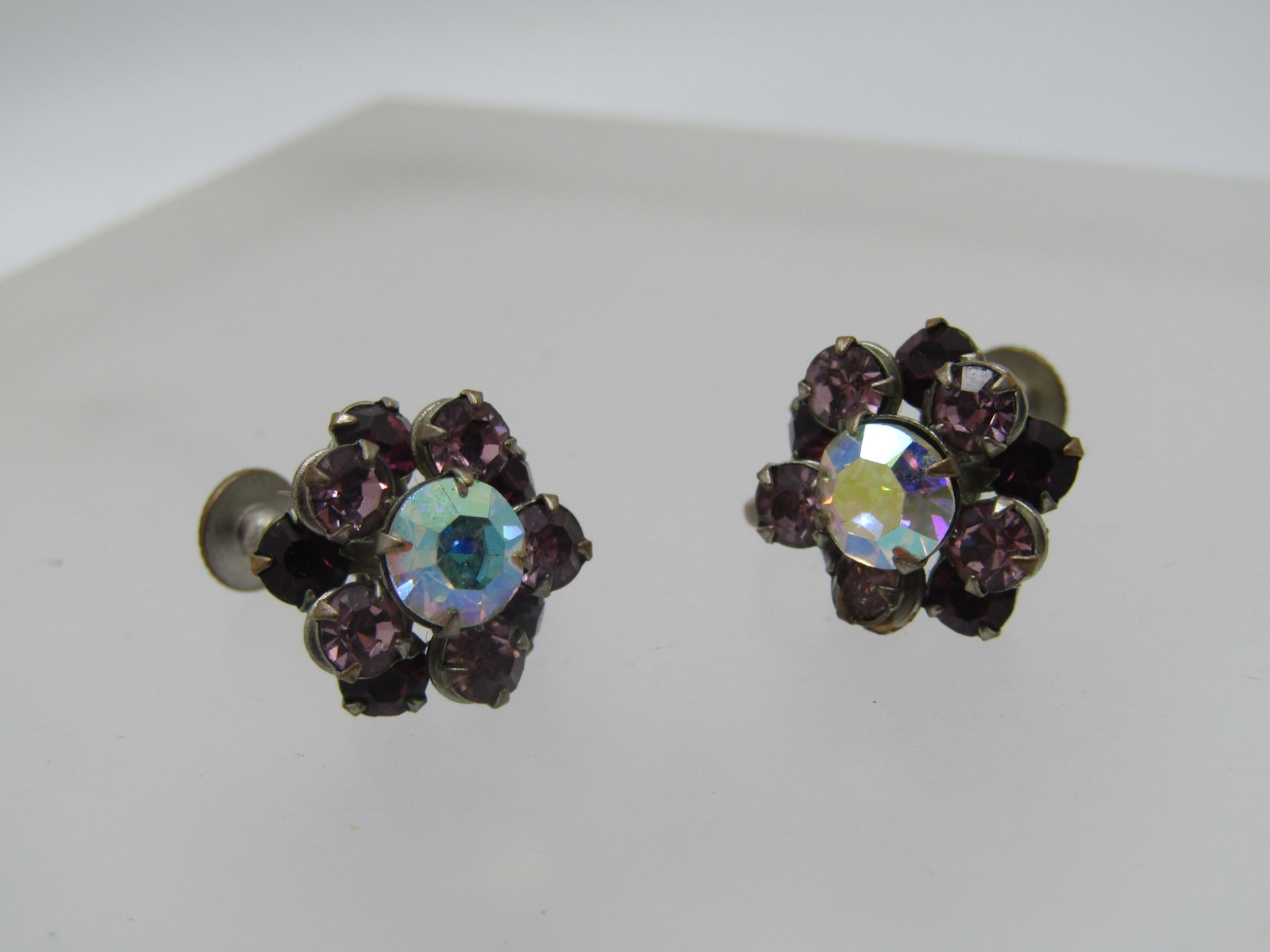 Vintage Purple AB Rhinestone Earrings, 1940's, Blossom Screwback - 3
