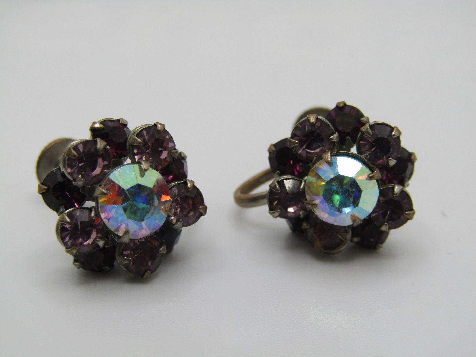 Vintage Purple AB Rhinestone Earrings, 1940's, Blossom Screwback - 4