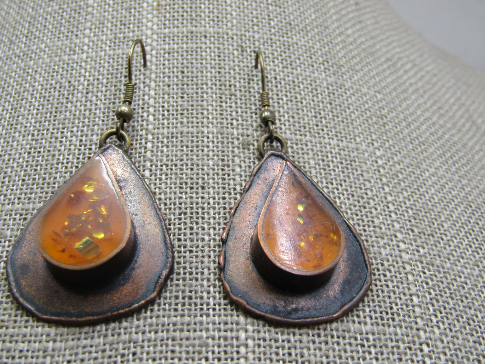 Vintage Copper & Brass Resin/Glitter Earrings, Hand Made Pierced - 2