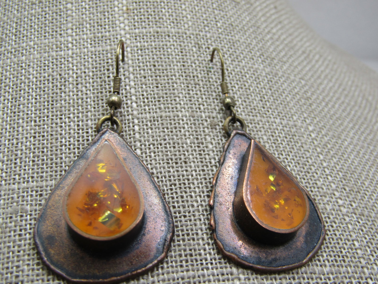 Vintage Copper & Brass Resin/Glitter Earrings, Hand Made Pierced - 3
