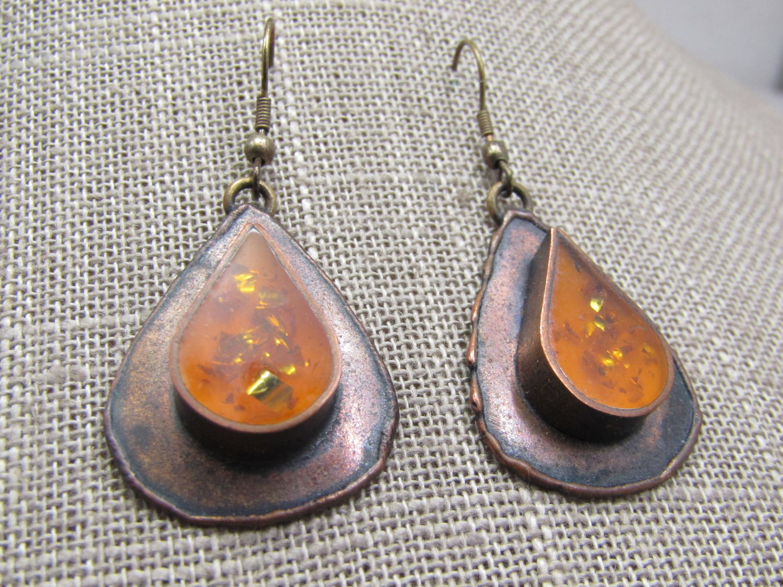Vintage Copper & Brass Resin/Glitter Earrings, Hand Made Pierced - 4