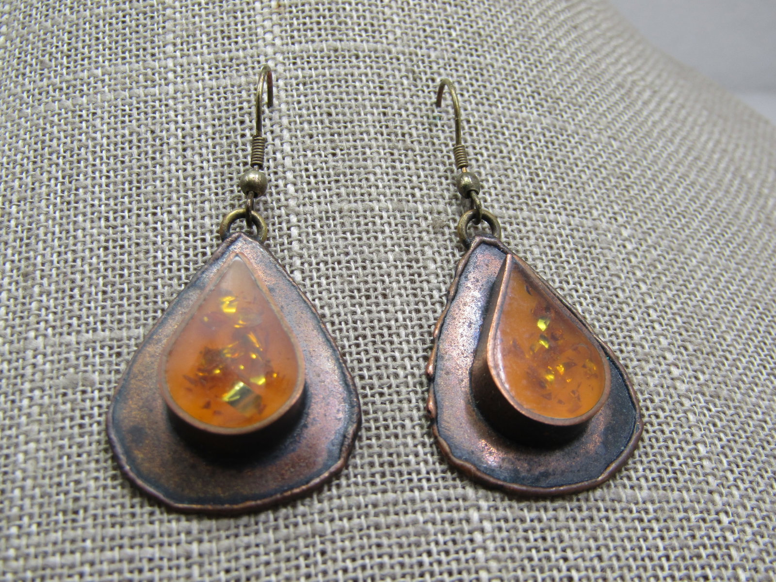Vintage Copper & Brass Resin/Glitter Earrings, Hand Made Pierced - 5